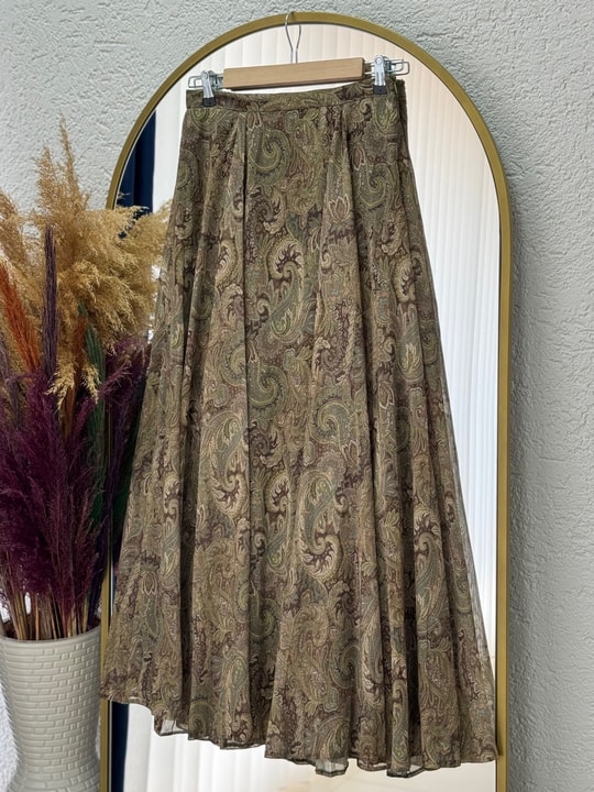 Maretta Etnik Desen Astarlı Şifon Etek-AA4236 Yeşil