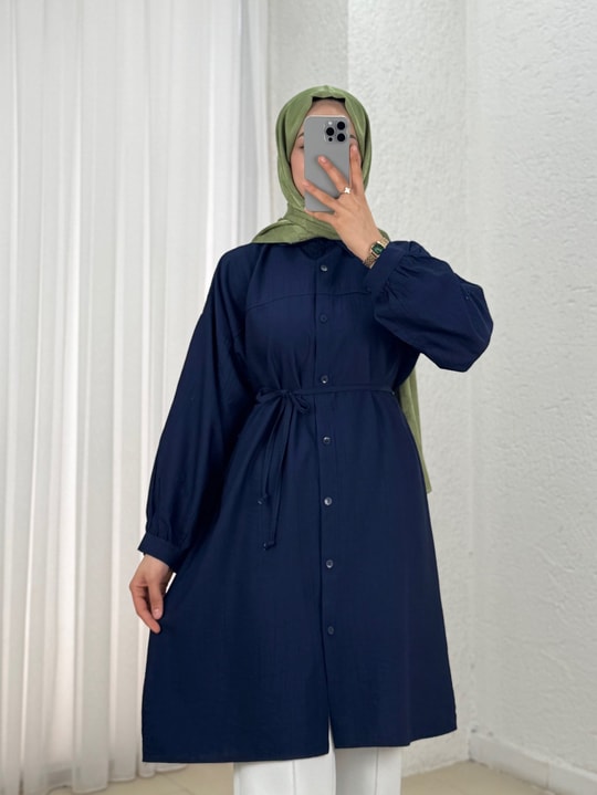 Marira Büzgülü Bağcıklı Uzun Çilek Gömlek-PE262 Lacivert