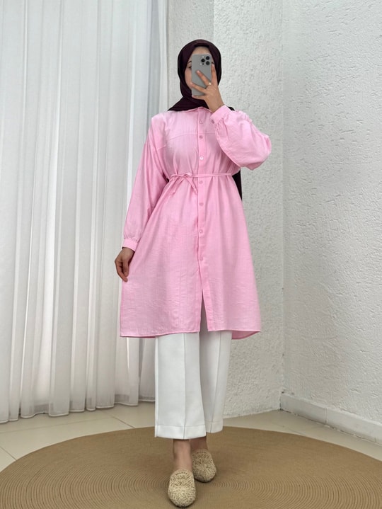 Marira Büzgülü Bağcıklı Uzun Çilek Gömlek-PE262 Pembe