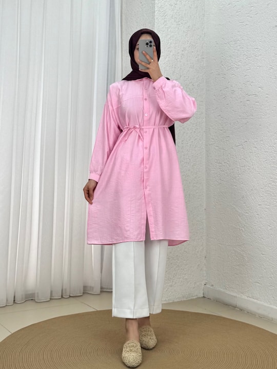 Marira Büzgülü Bağcıklı Uzun Çilek Gömlek-PE262 Pembe