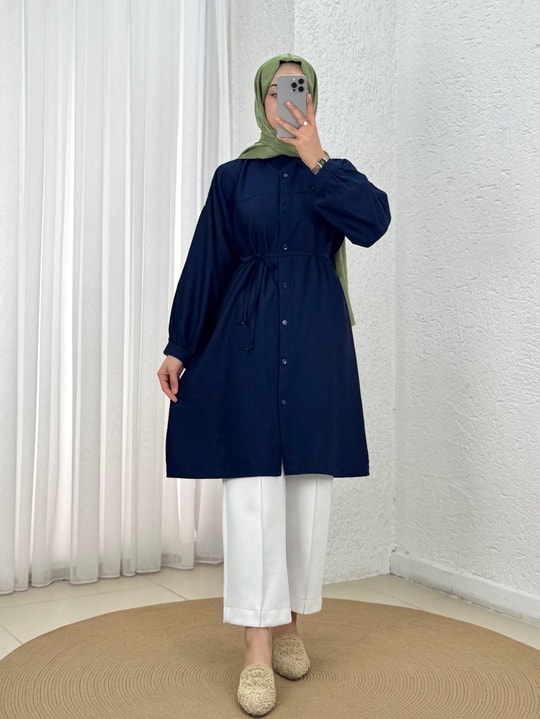 Marira Büzgülü Bağcıklı Uzun Çilek Gömlek-PE262 Lacivert