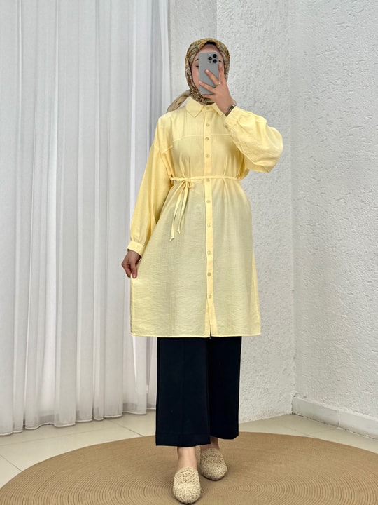 Marira Büzgülü Bağcıklı Uzun Çilek Gömlek-PE262 Sarı