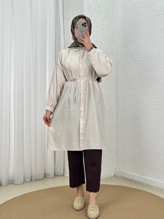 Marira Büzgülü Bağcıklı Uzun Çilek Gömlek-PE262 Taş