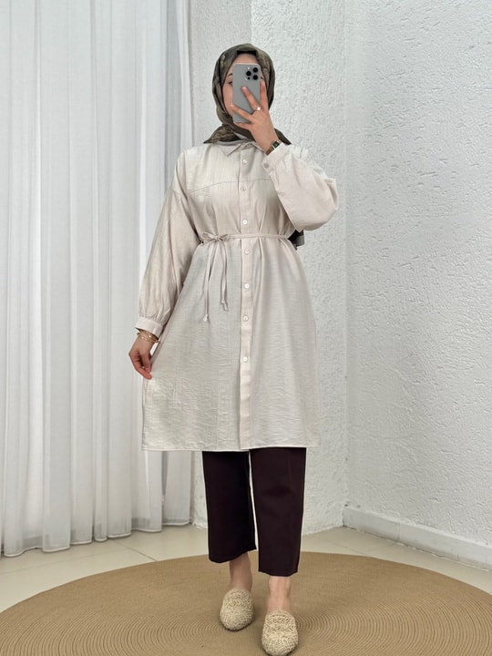Marira Büzgülü Bağcıklı Uzun Çilek Gömlek-PE262 Taş
