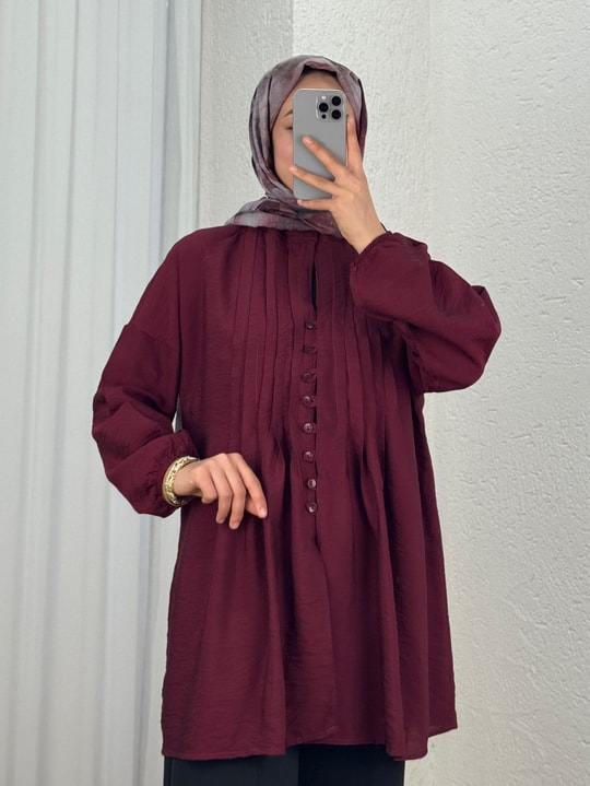 Maroria Pileli  Düğmeli Gömlek-NA803 Bordo