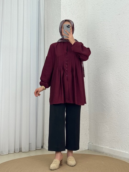 Maroria Pileli  Düğmeli Gömlek-NA803 Bordo