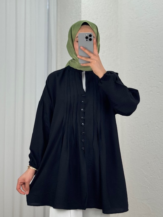 Maroria Pileli  Düğmeli Gömlek-NA803 Siyah