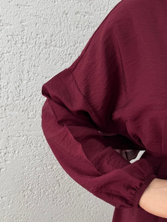 Maruna Poplin Pileli Düğmeli Elbise-NA2404 Bordo