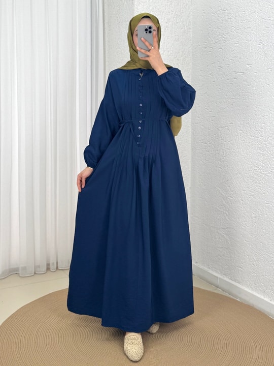 Maruna Poplin Pileli Düğmeli Elbise-NA2404 Lacivert