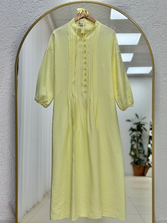 Maruna Poplin Pileli Düğmeli Elbise-NA2404 Sarı