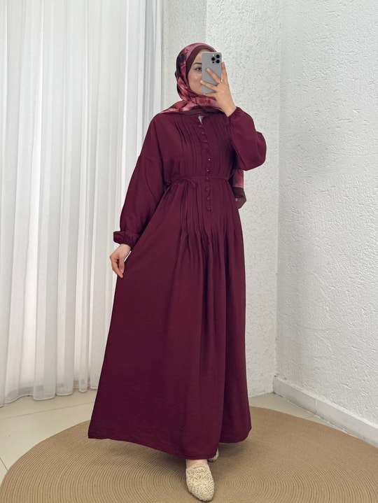 Maruna Poplin Pileli Düğmeli Elbise-NA2404 Bordo