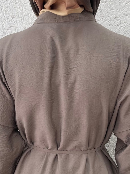 Maruna Poplin Pileli Düğmeli Elbise-NA2404 Vizon