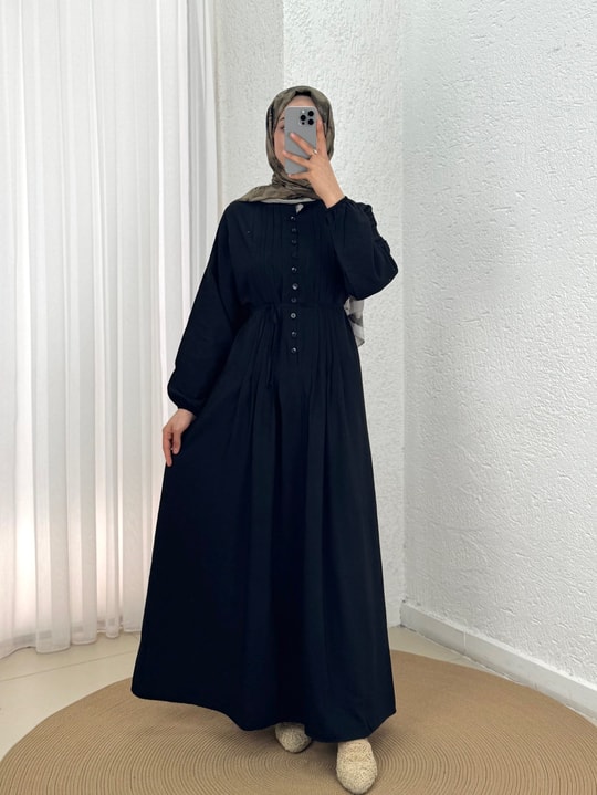 Maruna Poplin Pileli Düğmeli Elbise-NA2404 Siyah