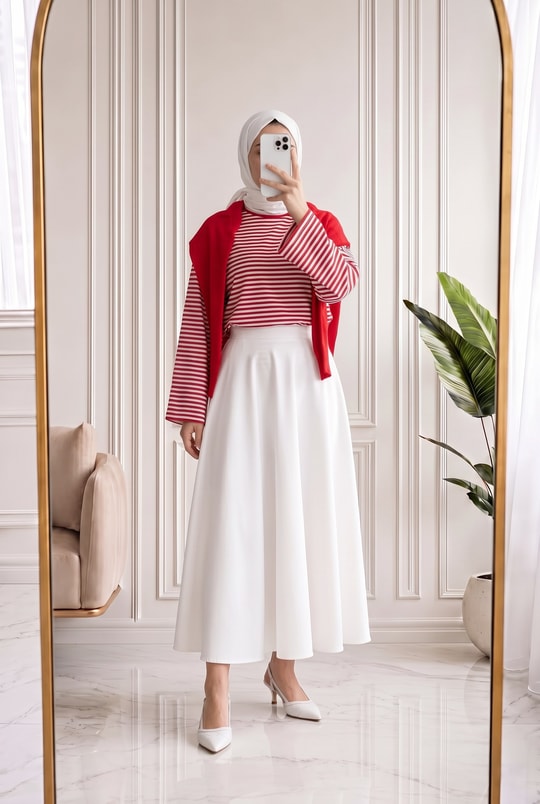 Mayra Çizgili Fularlı Tunik-SS13254 Kırmızı