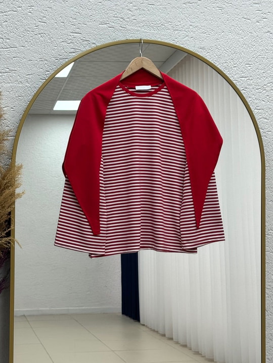 Mayra Çizgili Fularlı Tunik-SS13254 Kırmızı