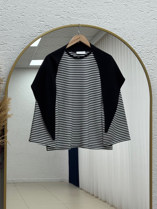 Mayra Çizgili Fularlı Tunik-SS13254 Siyah