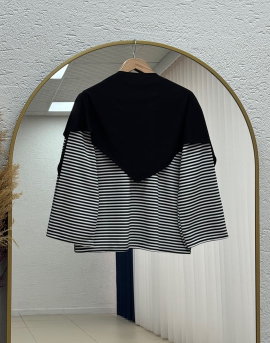 Mayra Çizgili Fularlı Tunik-SS13254 Siyah