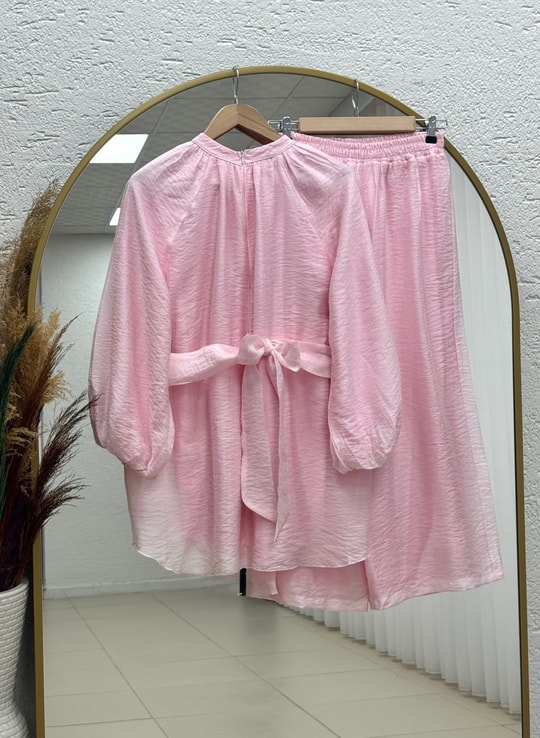 Mehnur Bağlamalı Balon Kol Pantolonlu Vual Takım-EY1054 Pembe