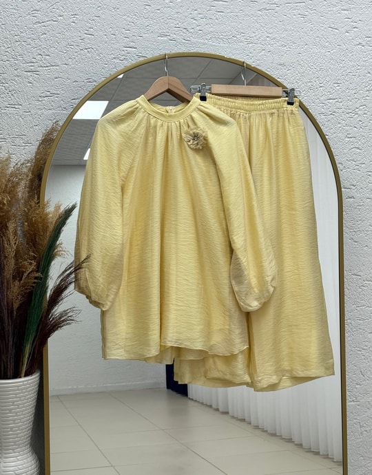 Mehnur Bağlamalı Balon Kol Pantolonlu Vual Takım-EY1054 Sarı