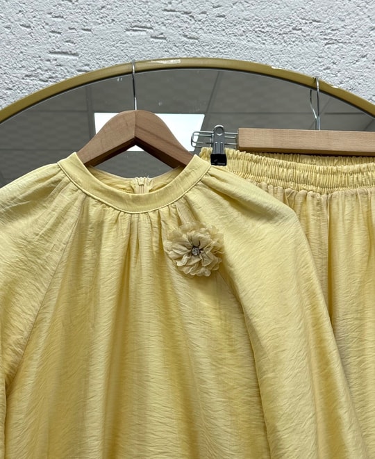 Mehnur Bağlamalı Balon Kol Pantolonlu Vual Takım-EY1054 Sarı