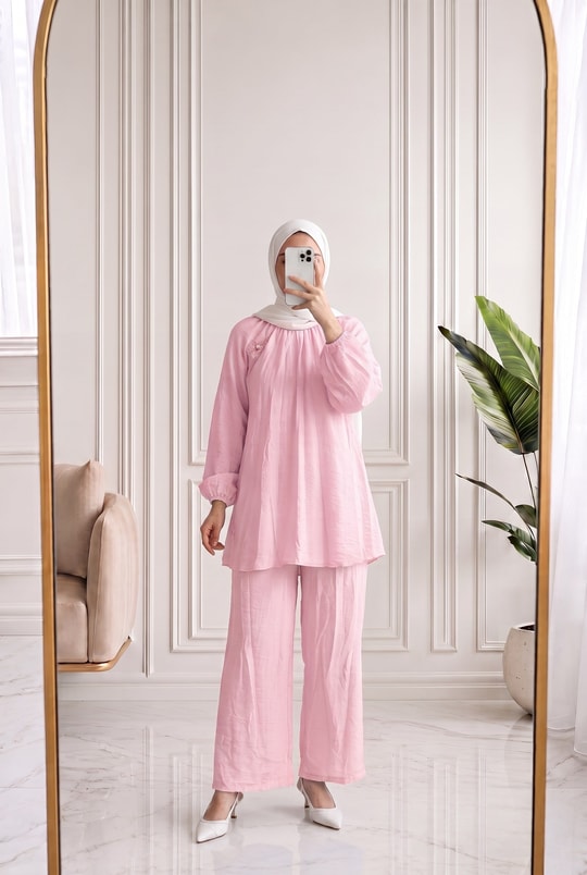 Mehnur Bağlamalı Balon Kol Pantolonlu Vual Takım-EY1054 Pembe