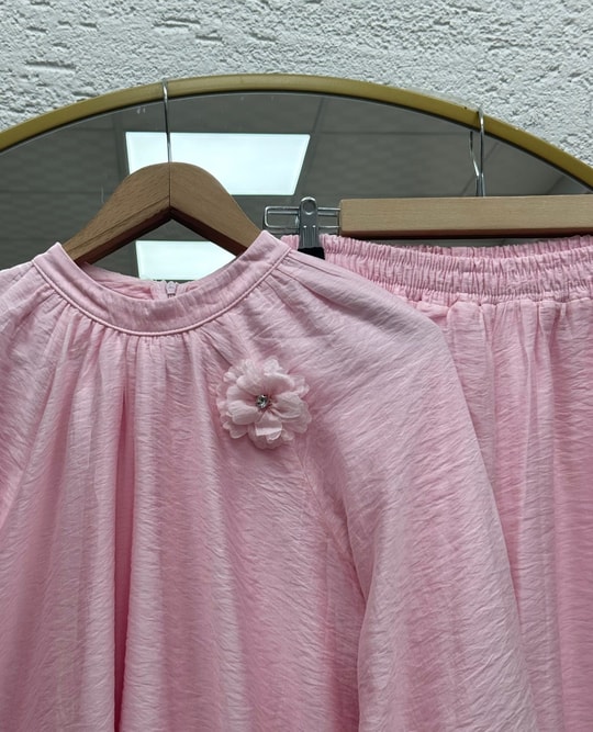 Mehnur Bağlamalı Balon Kol Pantolonlu Vual Takım-EY1054 Pembe
