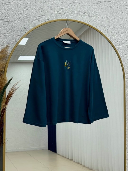 Mehşah Çiçek Desenli Bluz-SS13137 Petrol Mavisi