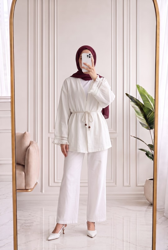 Melihan Kol Ucu Püsküllü Bağlamlı Keten Kimono-SS13162 Ekru