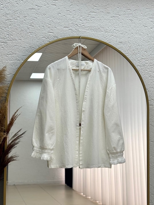 Melihan Kol Ucu Püsküllü Bağlamlı Keten Kimono-SS13162 Ekru