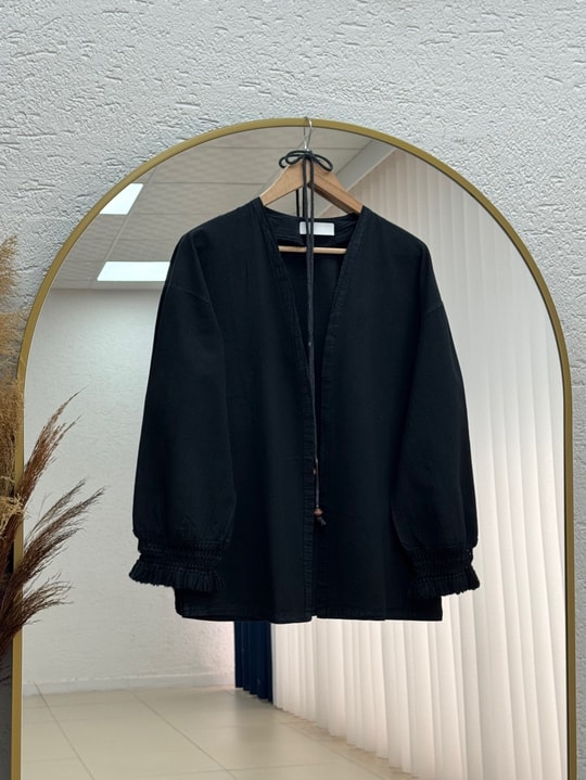 Melihan Kol Ucu Püsküllü Bağlamlı Keten Kimono-SS13162 Siyah