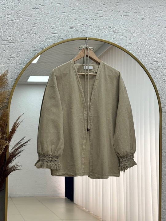 Melihan Kol Ucu Püsküllü Bağlamlı Keten Kimono-SS13162 Vizon