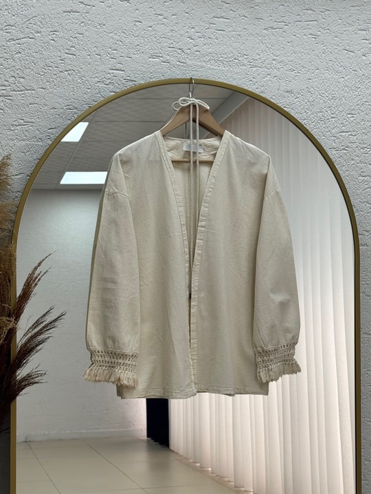 Melihan Kol Ucu Püsküllü Bağlamlı Keten Kimono-SS13162 Taş