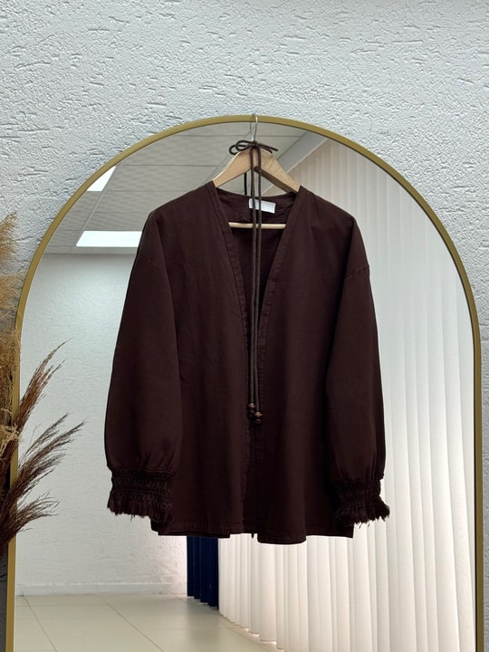 Melihan Kol Ucu Püsküllü Bağlamlı Keten Kimono-SS13162 Kahve