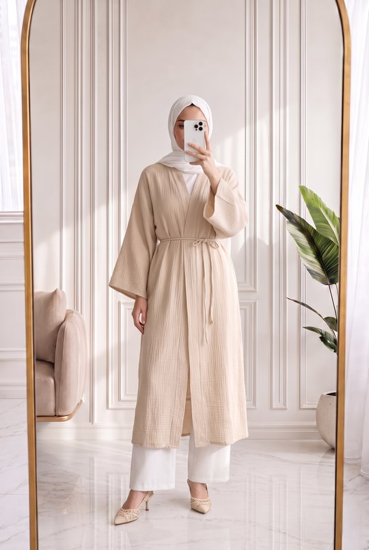 Melinaz Uzun Müslin Kimono-AS2455 Bej