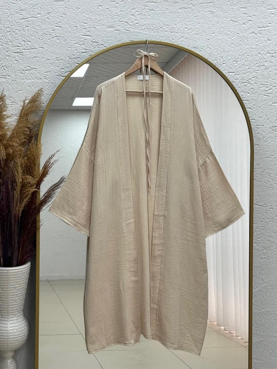 Melinaz Uzun Müslin Kimono-AS2455 Bej