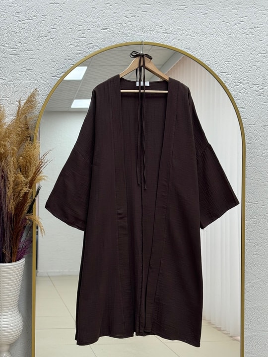 Melinaz Uzun Müslin Kimono-AS2455 Koyu Kahve