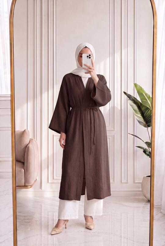 Melinaz Uzun Müslin Kimono-AS2455 Koyu Kahve