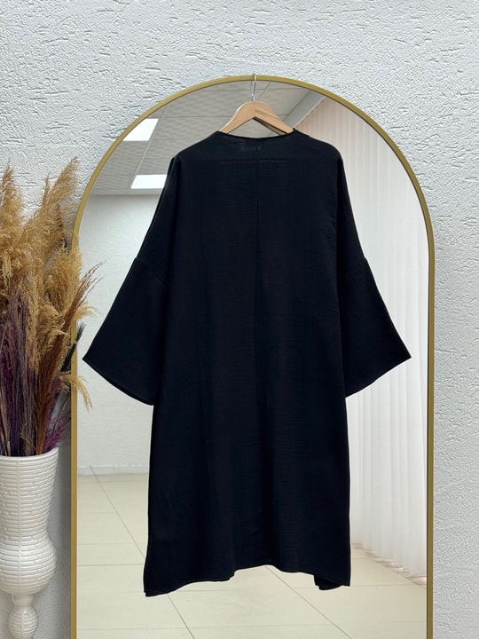 Melinaz Uzun Müslin Kimono-AS2455 Siyah