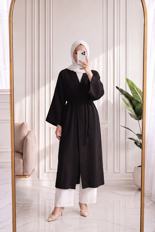 Melinaz Uzun Müslin Kimono-AS2455 Siyah