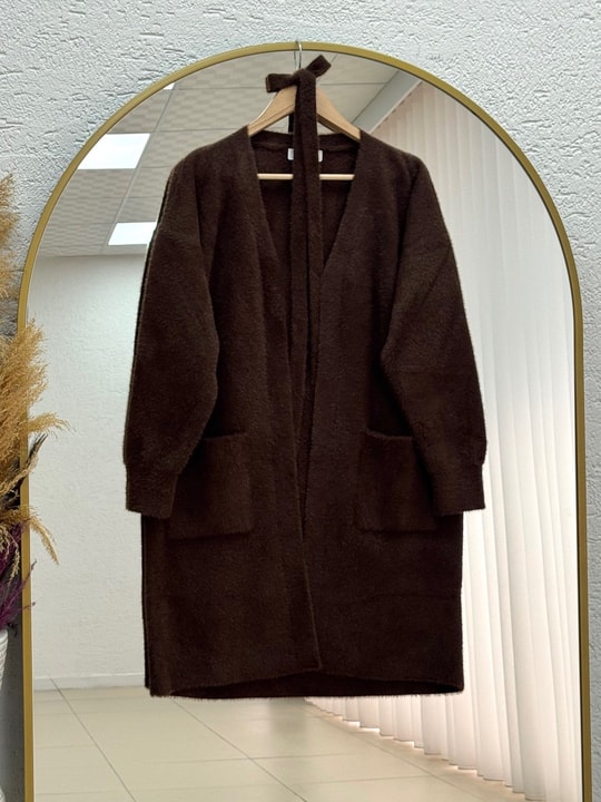 Meltemay Çift Cepli Bağlamalı Triko Hırka-KR6012 Kahve