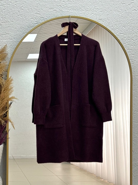 Meltemay Çift Cepli Bağlamalı Triko Hırka-KR6012 Mürdüm