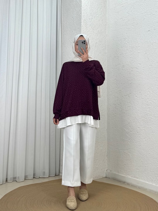 Meşe Altı Piliseli Taşlı Tunik-MF1894 Mürdüm