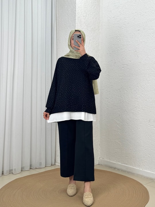 Meşe Altı Piliseli Taşlı Tunik-MF1894 Siyah