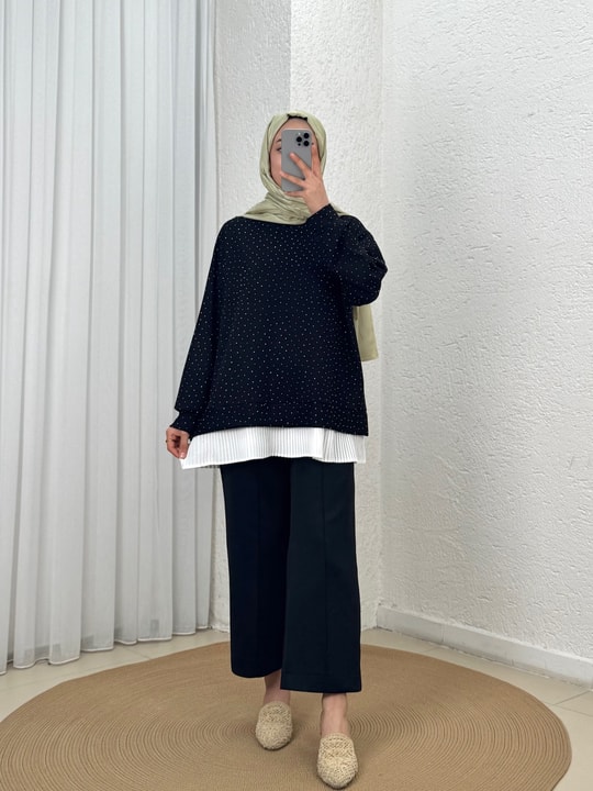 Meşe Altı Piliseli Taşlı Tunik-MF1894 Siyah