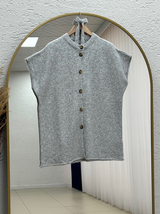 Mihra Bisiklet Yaka Düğmeli Bağlamalı Yelek-KR6022 Gri