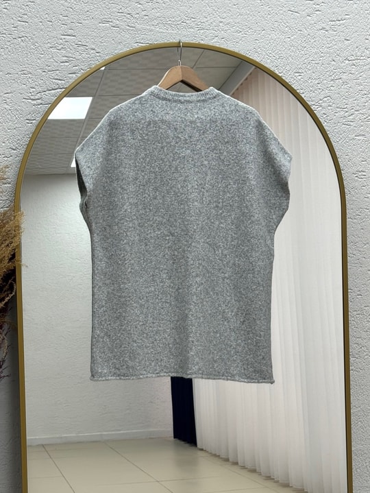 Mihra Bisiklet Yaka Düğmeli Bağlamalı Yelek-KR6022 Gri