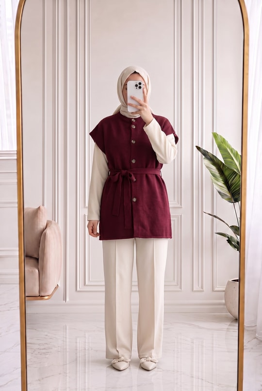 Mihra Bisiklet Yaka Düğmeli Bağlamalı Yelek-KR6022 Bordo