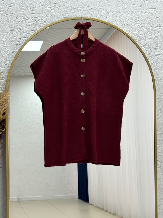 Mihra Bisiklet Yaka Düğmeli Bağlamalı Yelek-KR6022 Bordo