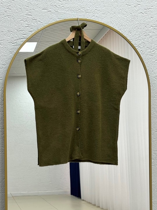 Mihra Bisiklet Yaka Düğmeli Bağlamalı Yelek-KR6022 Haki