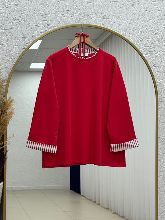 Mihrişah Yaka ve Kolları Garnili Bağlamalı Sweat-EU3521 Kırmızı